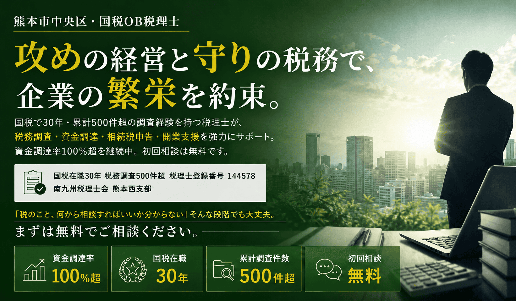 熊本市中央区・国税OB税理士｜攻めの経営と守りの税務で、企業の繁栄を約束｜国税在職30年・税務調査500件超・税理士登録番号144578・南九州税理士会熊本西支部・資金調達率100%超を継続中・初回相談40分無料｜仁王さん通り税務会計