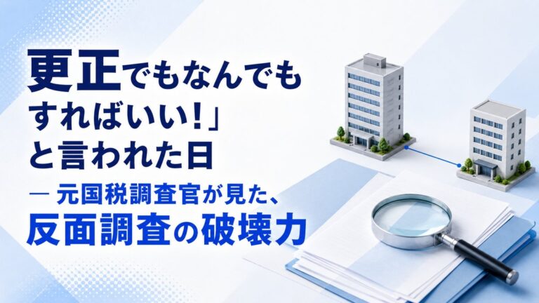 反面調査のイメージ。調査対象の会社から取引先へ調査が及ぶ様子と、書類を確認する虫めがね