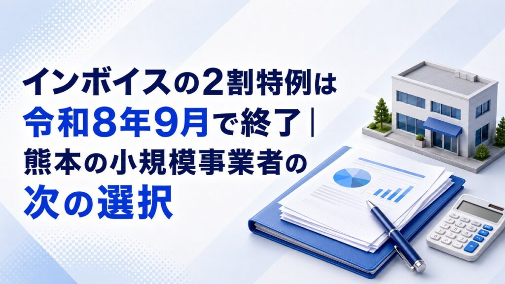 インボイスの2割特例が令和8年9月で終了することを示すアイキャッチ。熊本の小規模事業者向けに、決算書類と電卓、事務所の外観をあしらった画像